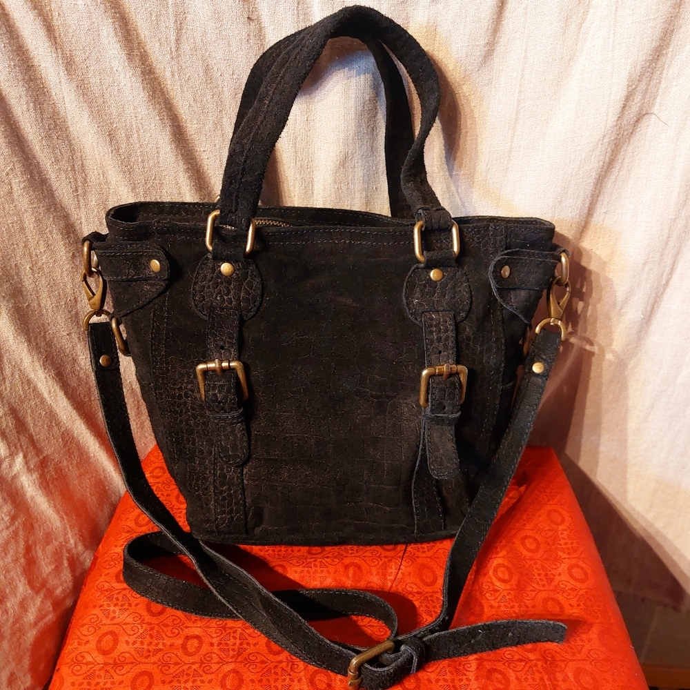 Studio Moda black alligator-stamped suede crossbody bag, EUC